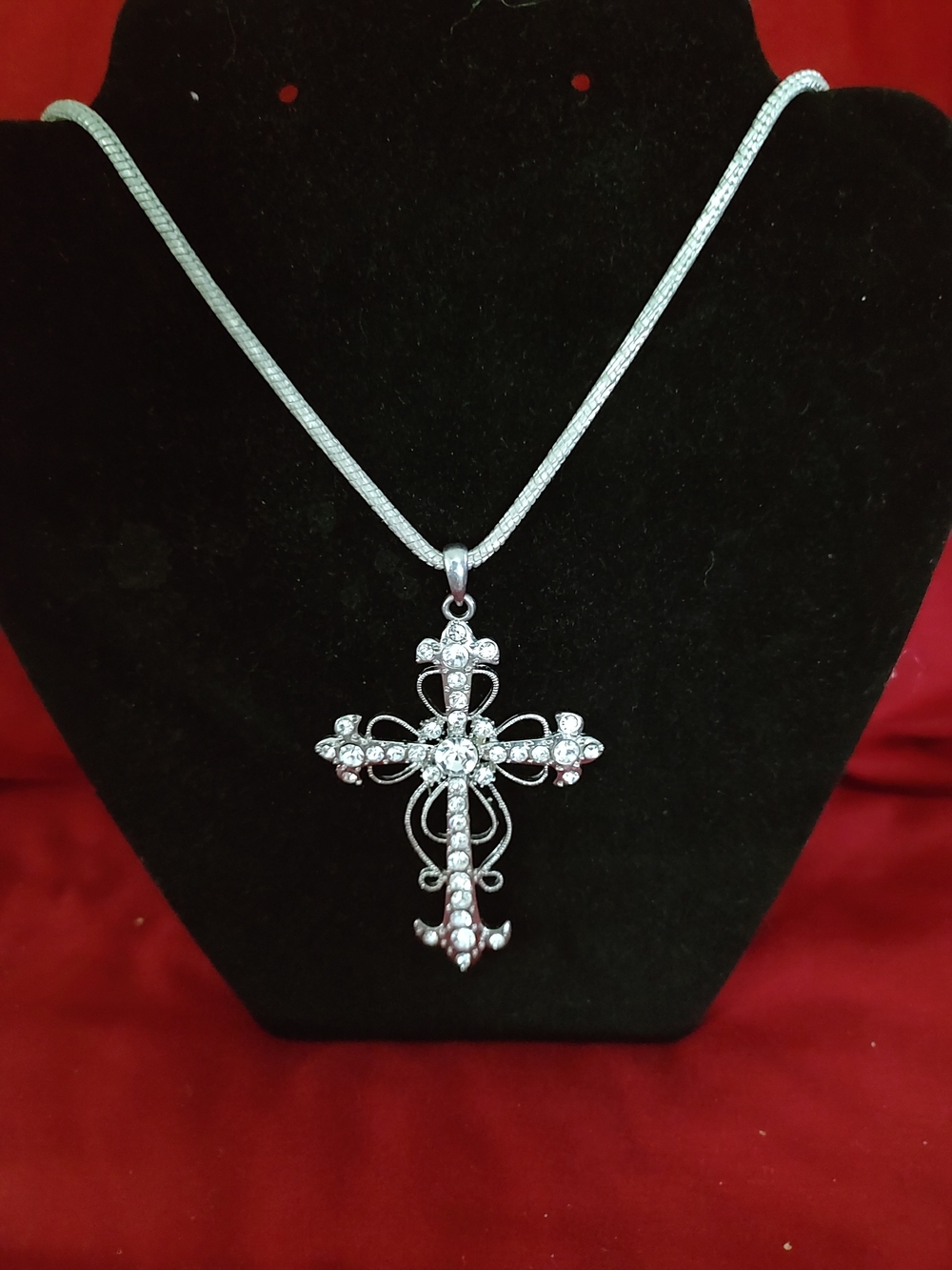 Ladies Silver Crystal Cross Pendant Necklace